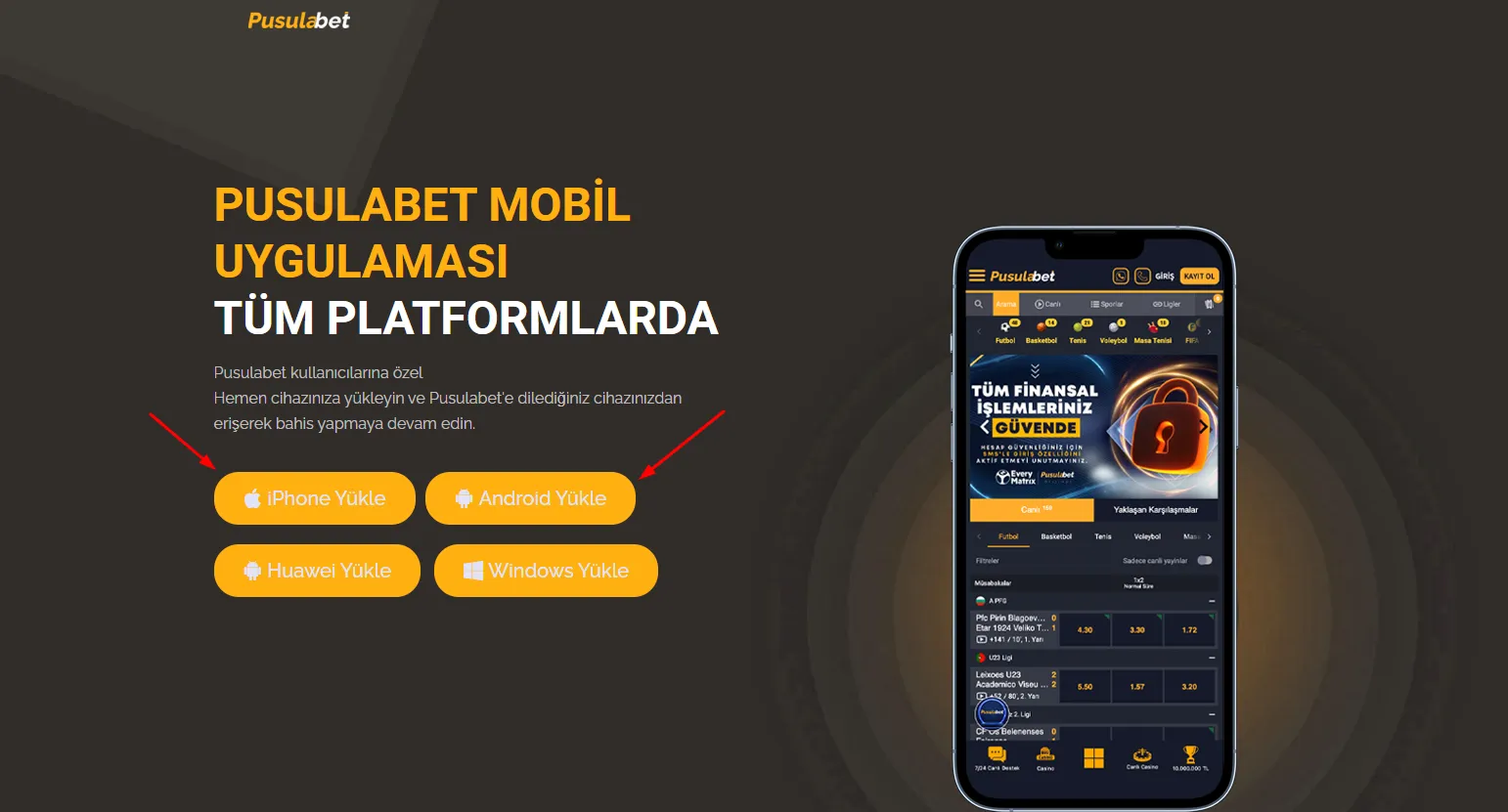 Pusulabet mobil uygulaması indirme ekranı — iPhone, Android, Huawei, Windows