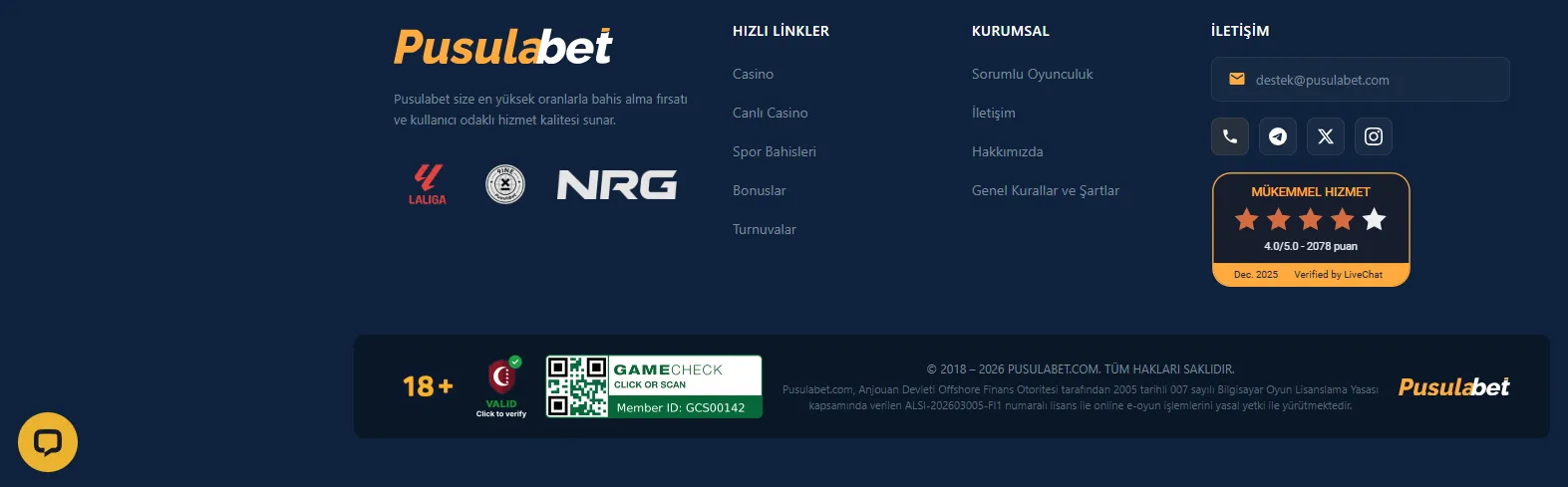 Pusulabet resmi site alt bilgisi: lisans numarası, 18+ uyarısı ve sertifikalar